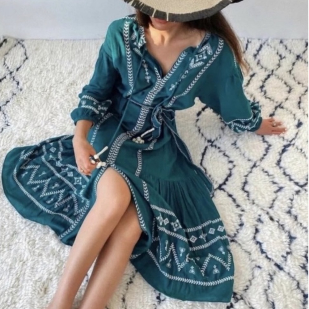 ZARA // Midi Teal & White Embroidered Boho Dress - [OVERSIZED]